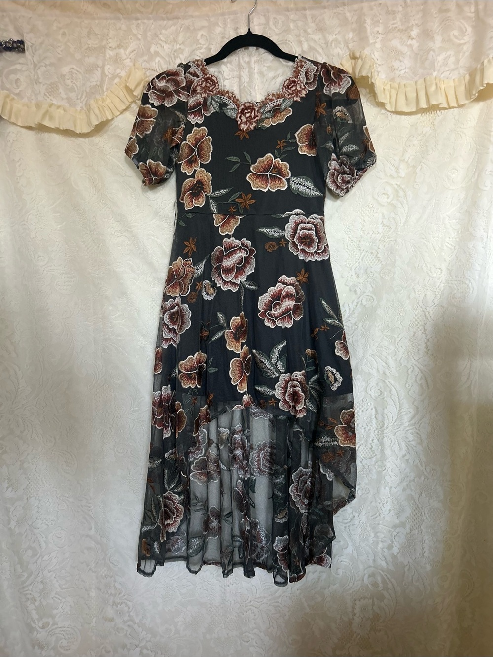 Joyfolie Charcoal Floral High-Low Dress with Rust and Cream Blooms